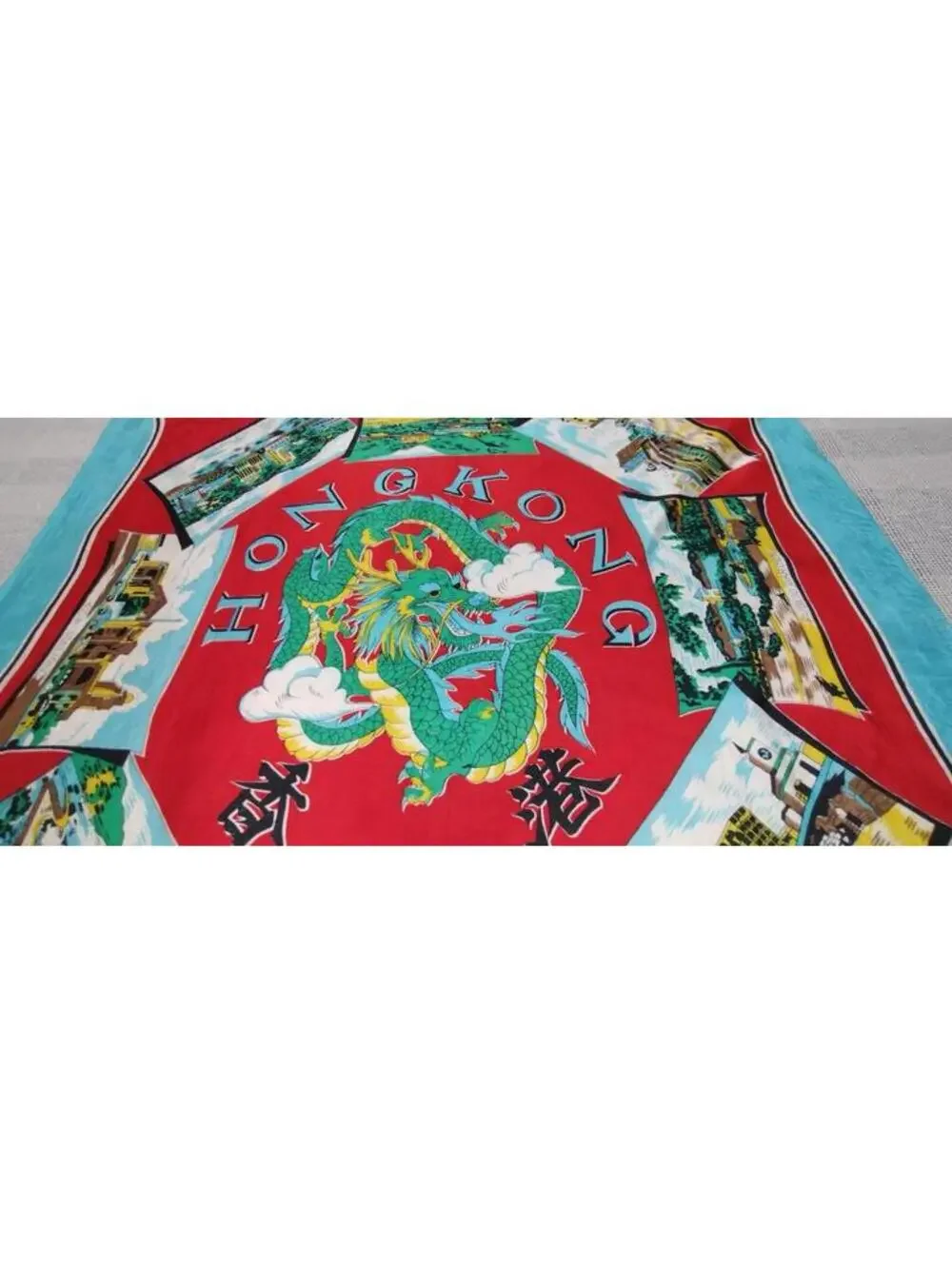 Vintage 1940s 50s Green Dragon Scarf HONG KONG Bably Blue Chinese Red Landscapes